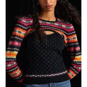 Maeve Anthropologie Cropped Shrug Sweater Fair Isle Neon Colorful Winter sz XL